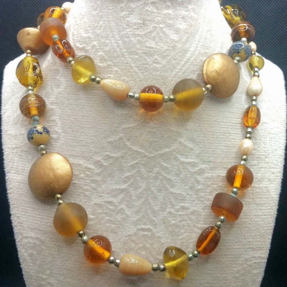 Vintage Long Frosted Glass Necklace Gold Disc Honey Amber Tone Beaded 32 Inch